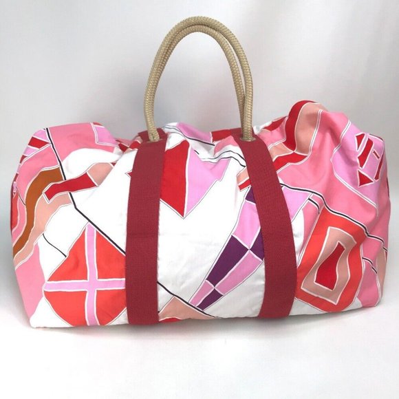 HERMES Beach bag Cabas Drapeaux au vent Rope handle Tote Bag cotton Pink x Red - Picture 1 of 12